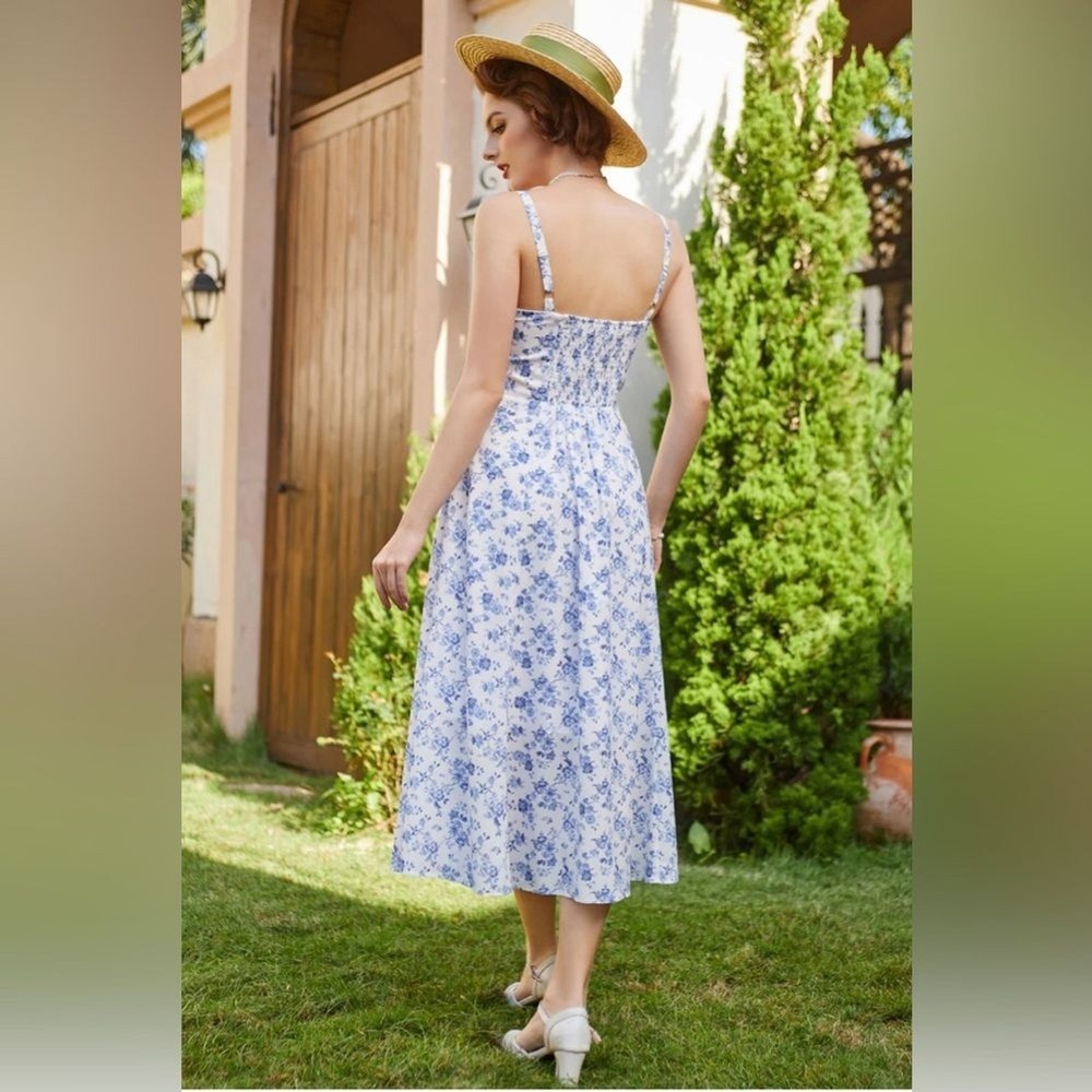 Belle Poque Midi Dress Womens XL Blue White Floral Ruffle‎ Smocked Back NWT - Picture 3 of 11